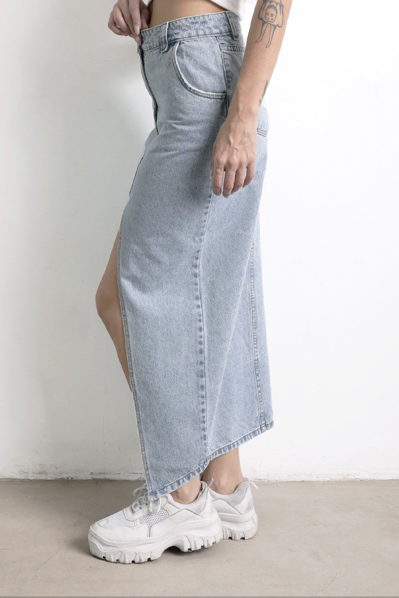 Falda Midi Jean Lavado Celeste