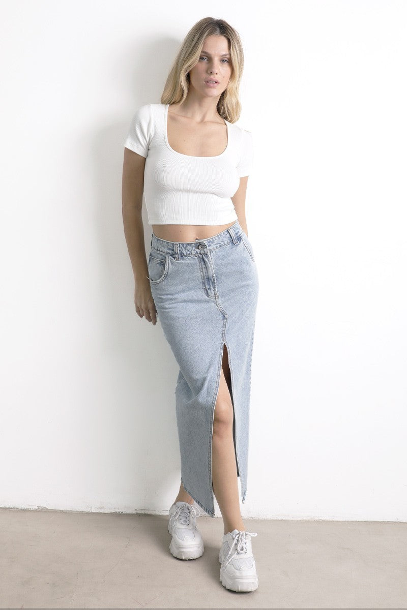 Falda Midi Jean Lavado Celeste
