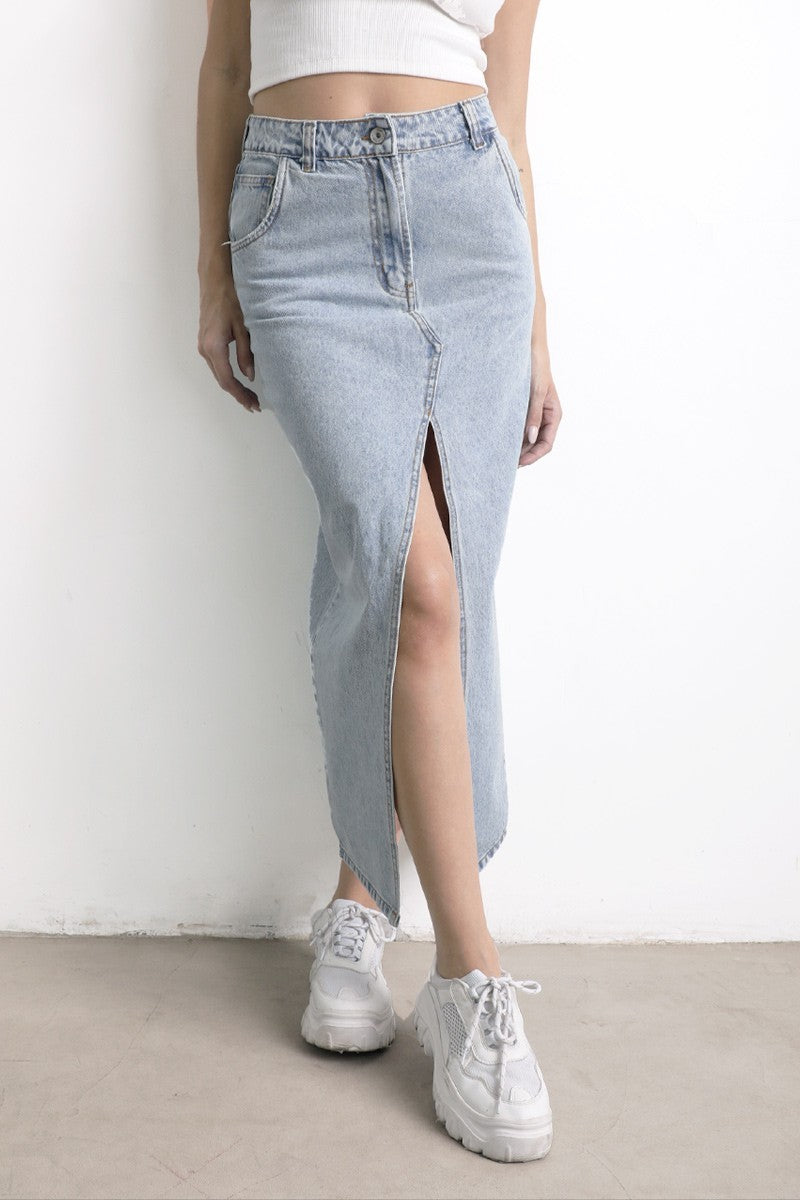 Falda Midi Jean Lavado Celeste